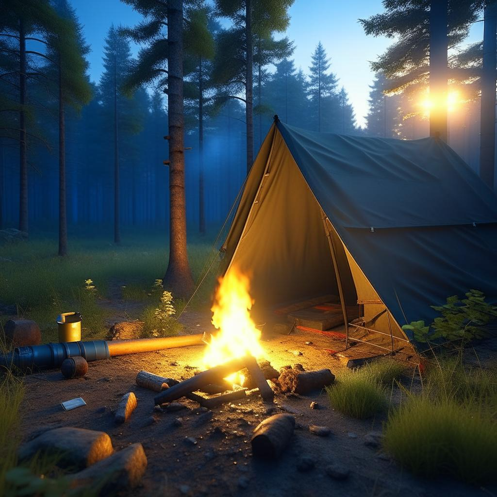 Кемпинг, палатка в лесу, костёр